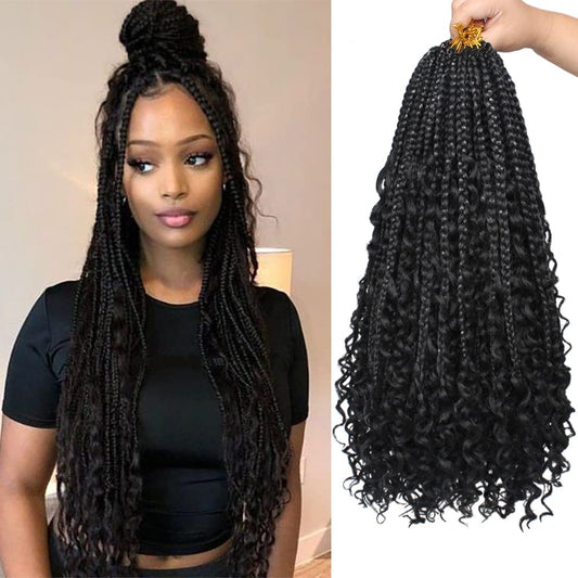 COOKOO 18 Inch Goddess Box Braids Crochet Hair 8 Pack Bohemian Hippie Box Braids Crochet Hair with Curly Ends Synthetic Crochet Braiding Hair for Black Women 1B#