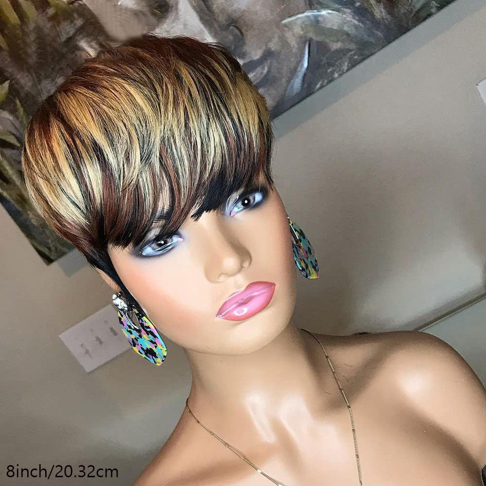 PurpleSexy Chic Elegent Short Layered Pixie Cut Human Hair Wigs With Bangs Pixie Cut Wigs for Black Women Muti Colored 1b/4/27 Daily Use Color Glueless Full Machine Made Wigs(1b/4/27)