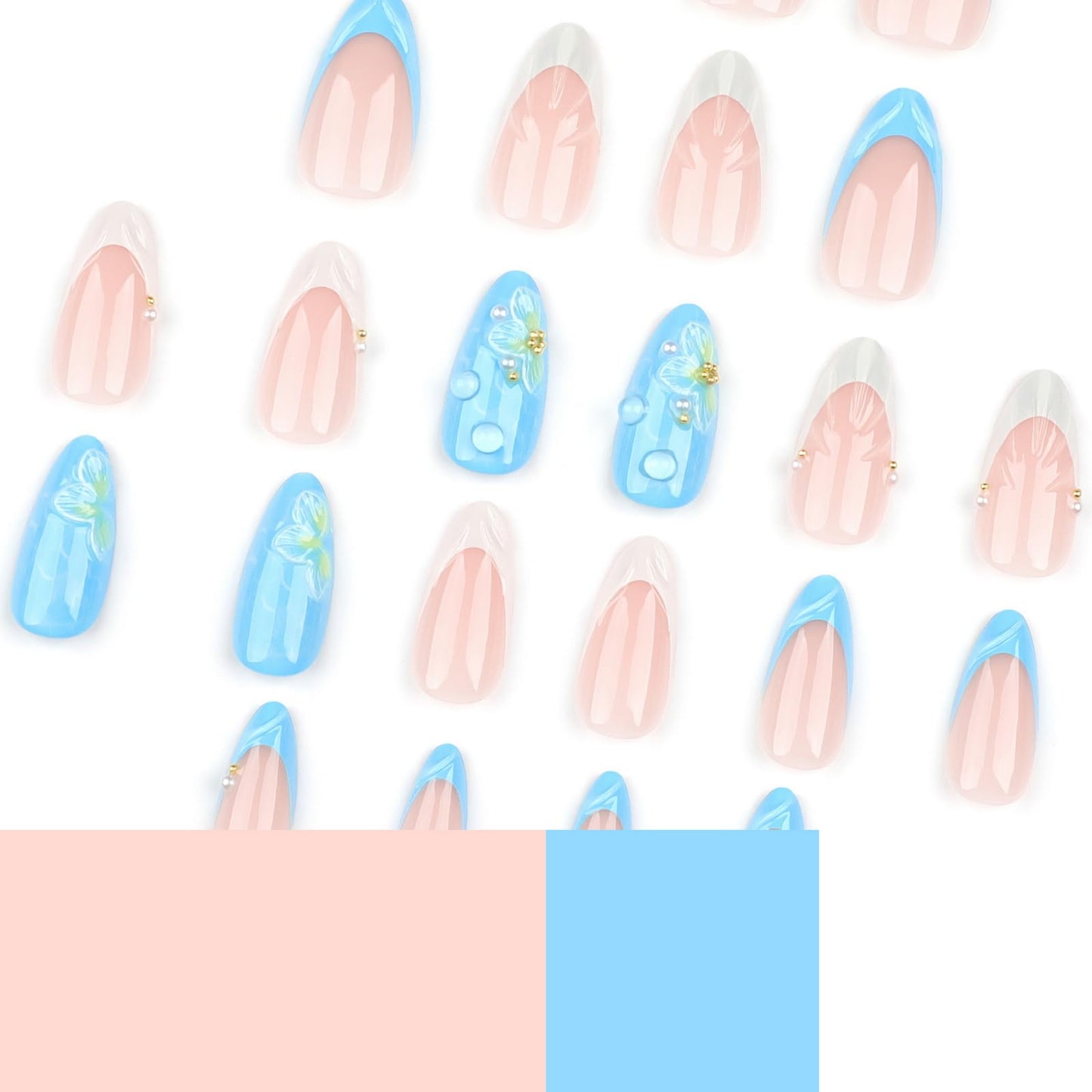 24 Pcs Blue Almond Press on Nails Medium Length Fake Nails 3D Flower and Water Ripple Design Artificial Acrylic Nails Press ons Cute French Tip False Nails Summer Glue-Free Nails for Women