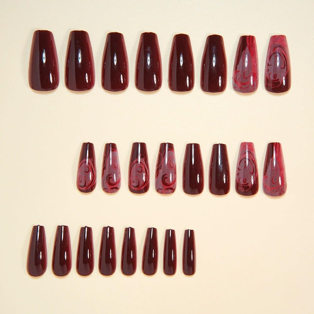 Medium Press on Nails Coffin Fake Nails with Designs Ballet Acrylic Nails Press on Glossy Rose Red Totem Gothic Style Gel False Nail Kits Reusable Stick on Nails for Women Manicure Decorations 24PCS