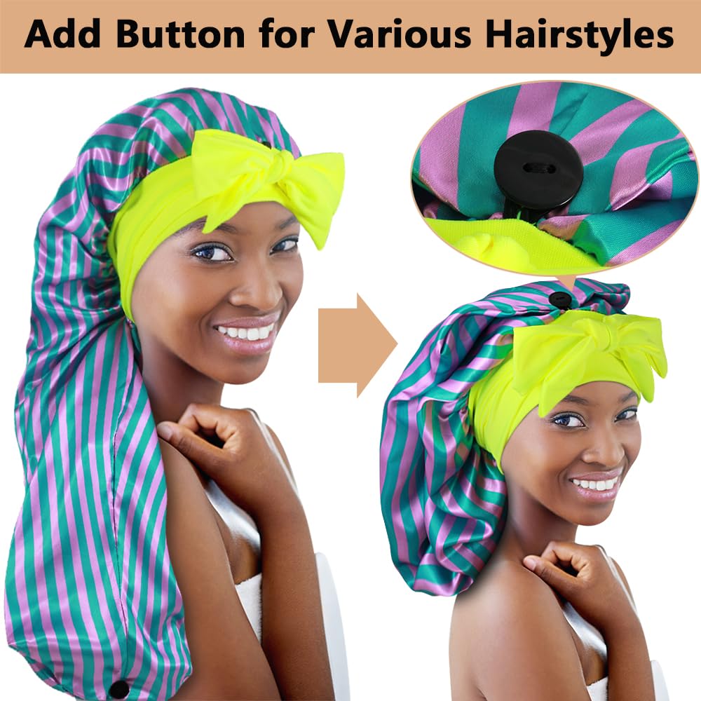 2pcs Long Satin Bonnets with Tie Band, Large Braid Bonnet Silky Hair Cap for Locs Women Sleeping, L