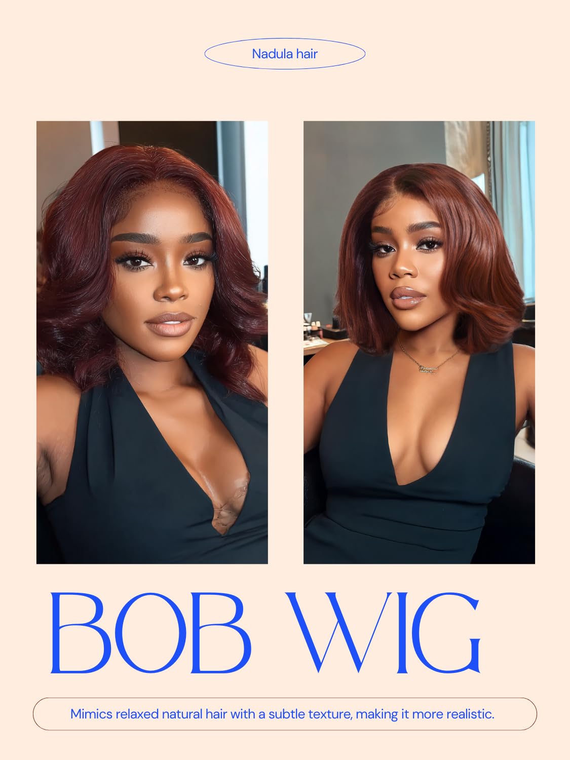 Nadula Bye Bye Knots Reddish Brown Short Body Wave Bob Drawstring Wig human Hair with Face Framing Layers Bangs, Glueless Pre Cut 7x5 HD Lace Front Wig Pre Plucked Ready to Wear Wavy Bob Wig 12inch