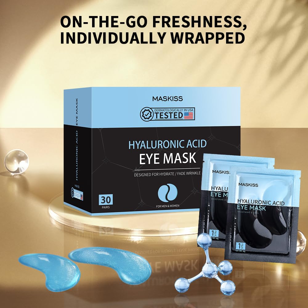 Maskiss Under Eye Patches (30 Pairs), Hyaluronic Acid Eye Masks for Dark Circles Puffy Eyes Undereye Bags, Collagen Eye Patches for Wrinkles and Hydrate, Skin Care Gift for Her