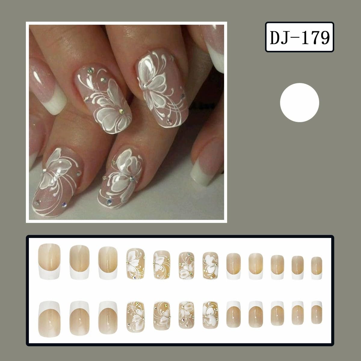 French Press on Nails Medium Square Shape Fake Nails with Butterfly Designs White French Tip Nails Glossy Rhinestone Acrylic Full Cover Stick on Nails for Women Elegant Glue on Nails False Nails 24PCS