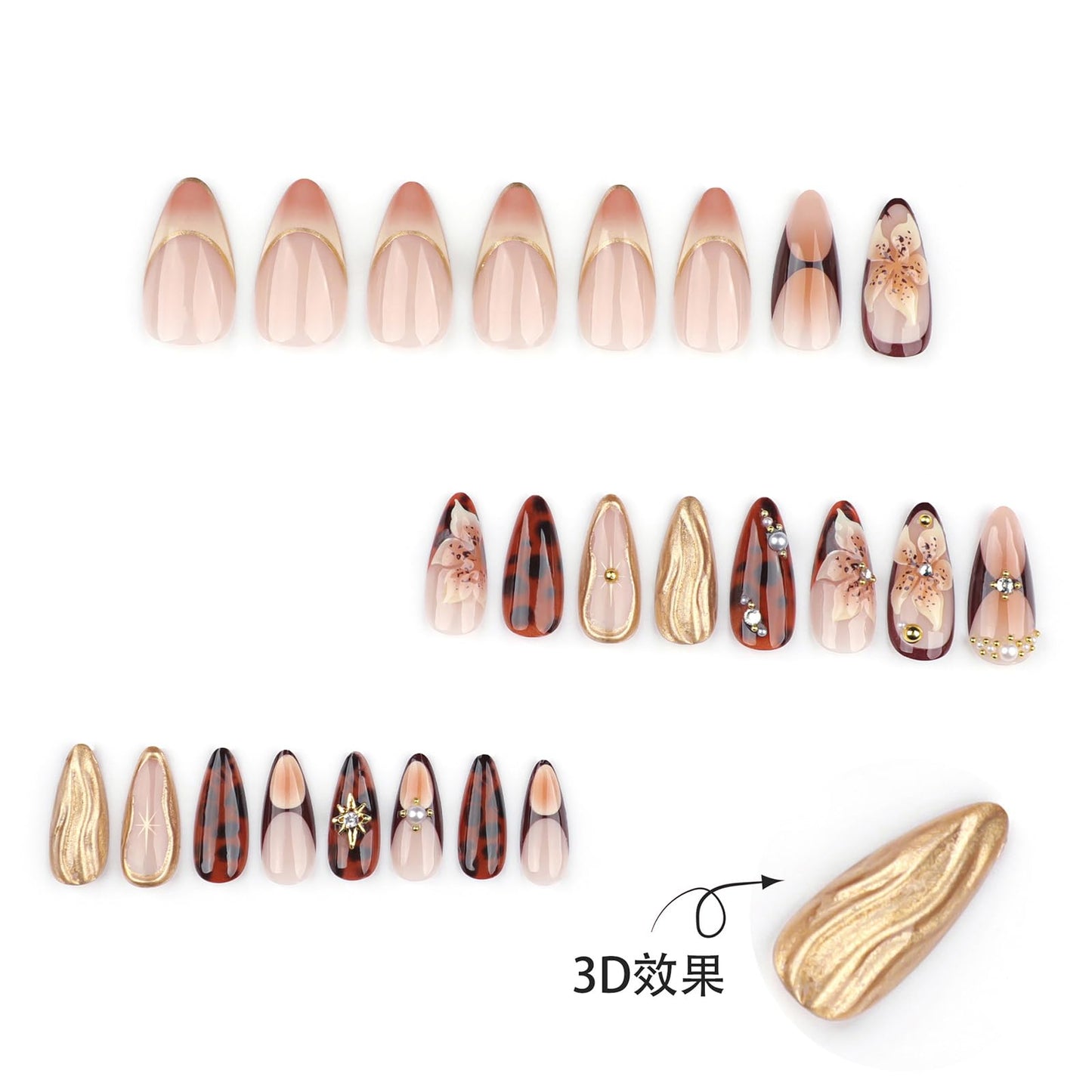 24Pcs Handmade Almond Press on Nails Medium Fake Nails with 3D Flower Rhinestones Design French Tip Almond False Nail Artificial Acrylic Nails Press ons Full Cover Flower Stick on Nails for Women