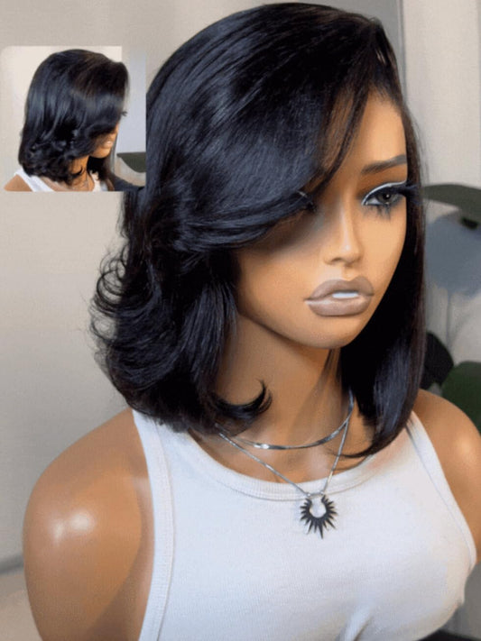 UNICE 12 inches Short Bob Wig human Hair with Blow Out Bangs 4X4 Lace Glueless Wigs Human Hair Pre Plucked Bleached Knots Pre Cut Lace Ready to Wear Wig