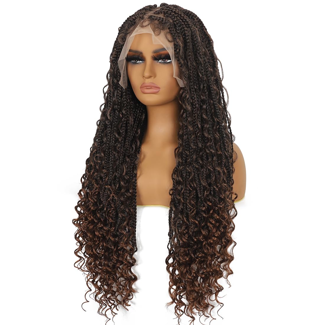 28 Inch Half Lace Front Braided Wigs for Black Women Knotless Braids Wigs Bohemian Boho Braids Goddess Box Braided Wig with Baby Hair (T30, 28 inch)