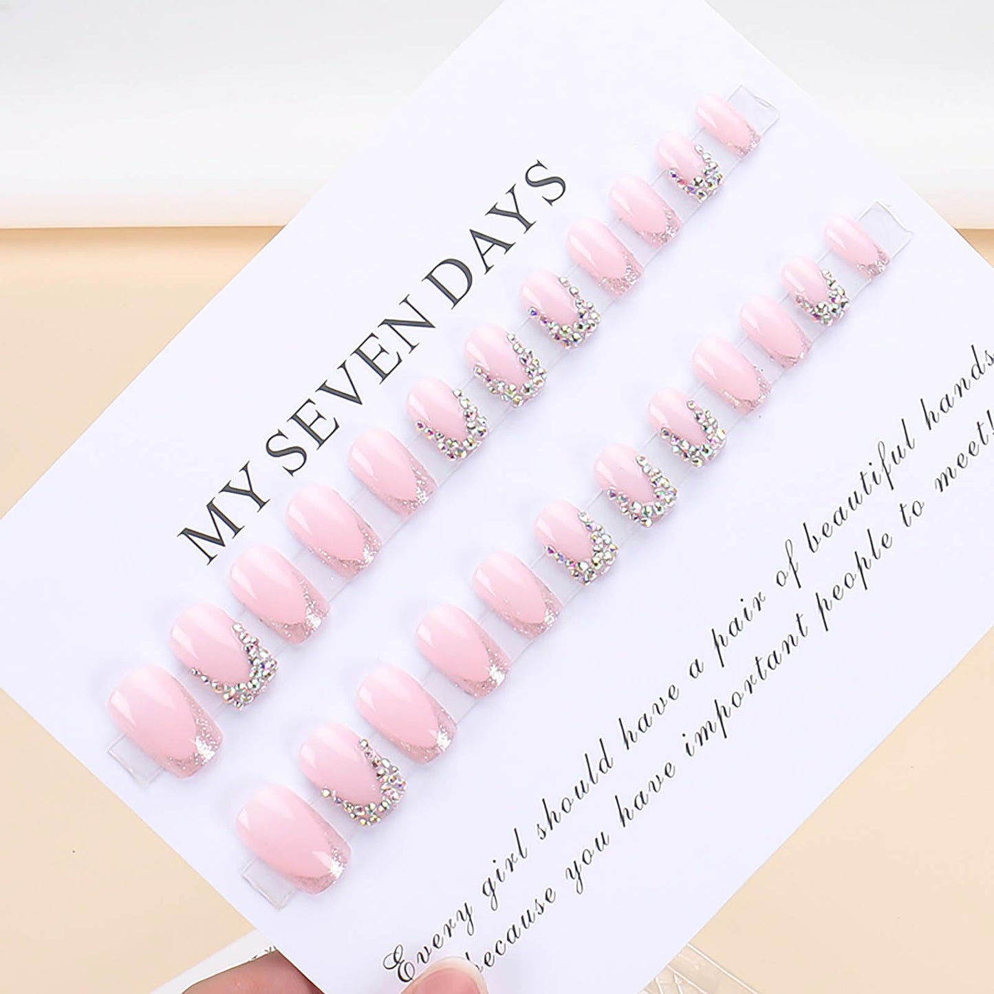RUOKEXIN Short Square Press on Nails French Tip With Rhinestones - Pink False Nails, Sparkly Glue on, Handmade Artificial, Cute Stick on for Women