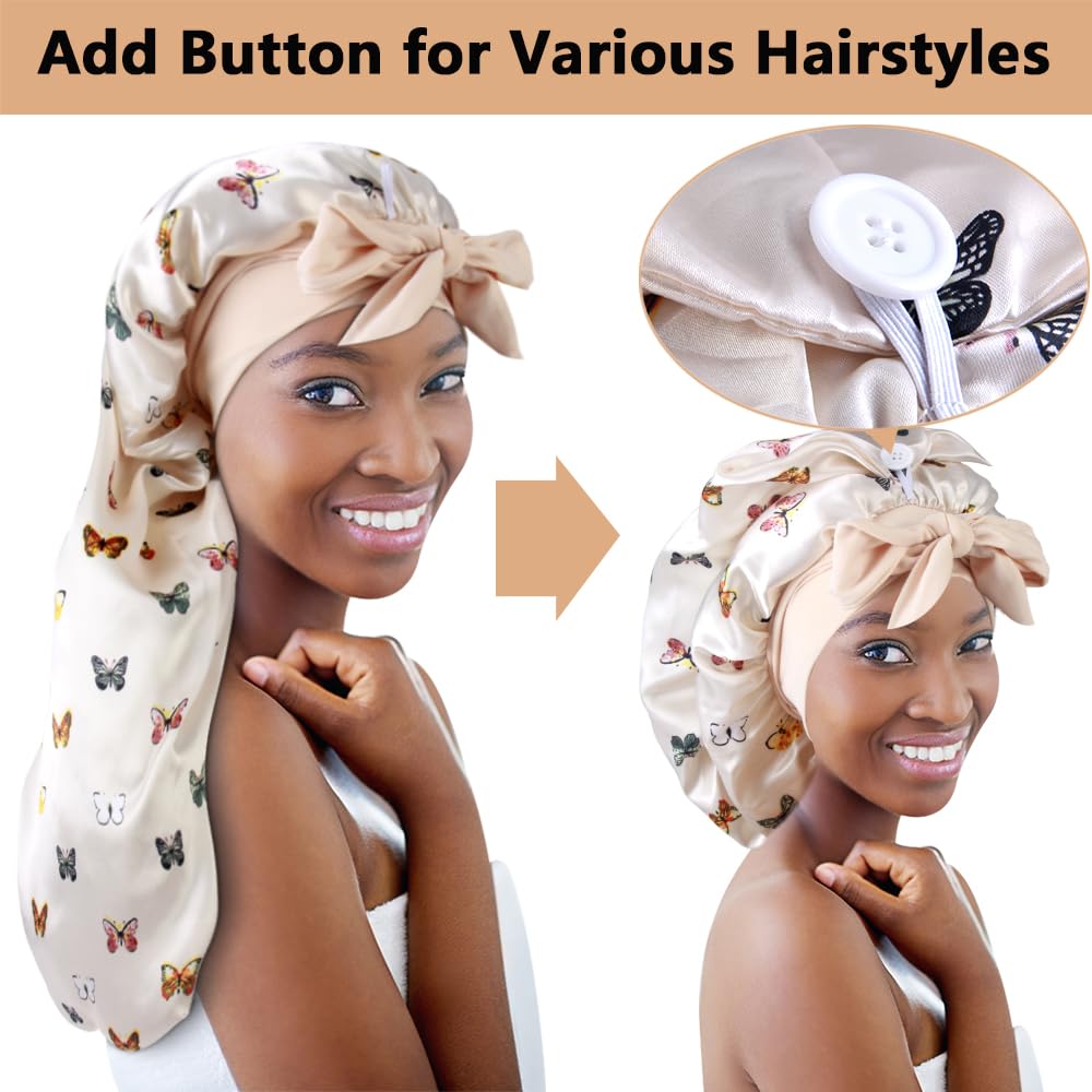 2pcs Long Satin Bonnets with Tie Band, Large Braid Bonnet Silky Hair Cap for Locs Women Sleeping, I