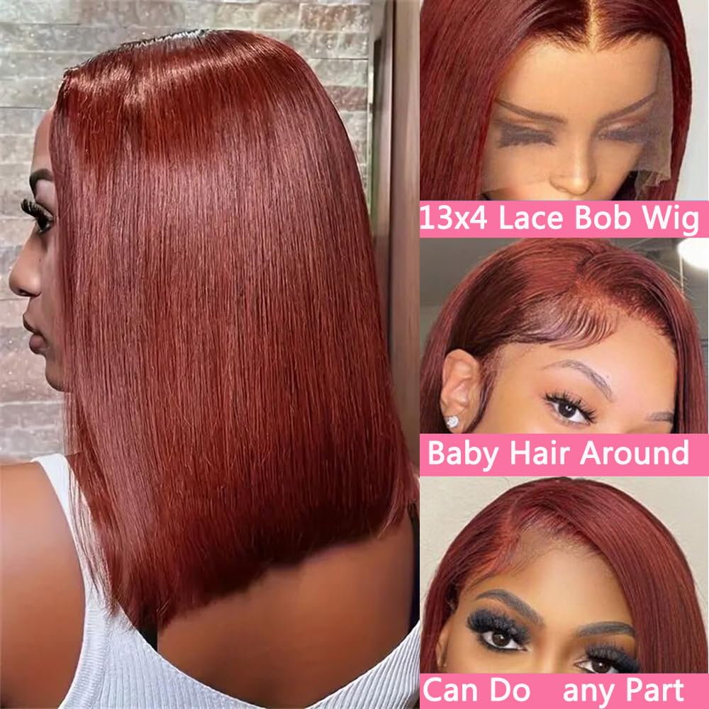Hoscod 10 Inch Reddish Brown Bob Wig Human Hair Brazilian Hair Pre Plucked 13x4 HD Transparent Lace Front Wigs Human Hair Straight Glueless Bob Wigs Human Hair Auburn Colored Lace Frontal Wigs