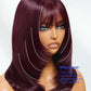 Nadula Purple Black Cherry Short Bob Layered Straight Drawstring Wig Human Hair with Wispy Bangs,Bye Bye Knots 7x5 Lace Closure Glueless Bob Wigs Pre Plucked Pre Cut Read to Wear Deep Wine Red 12inch