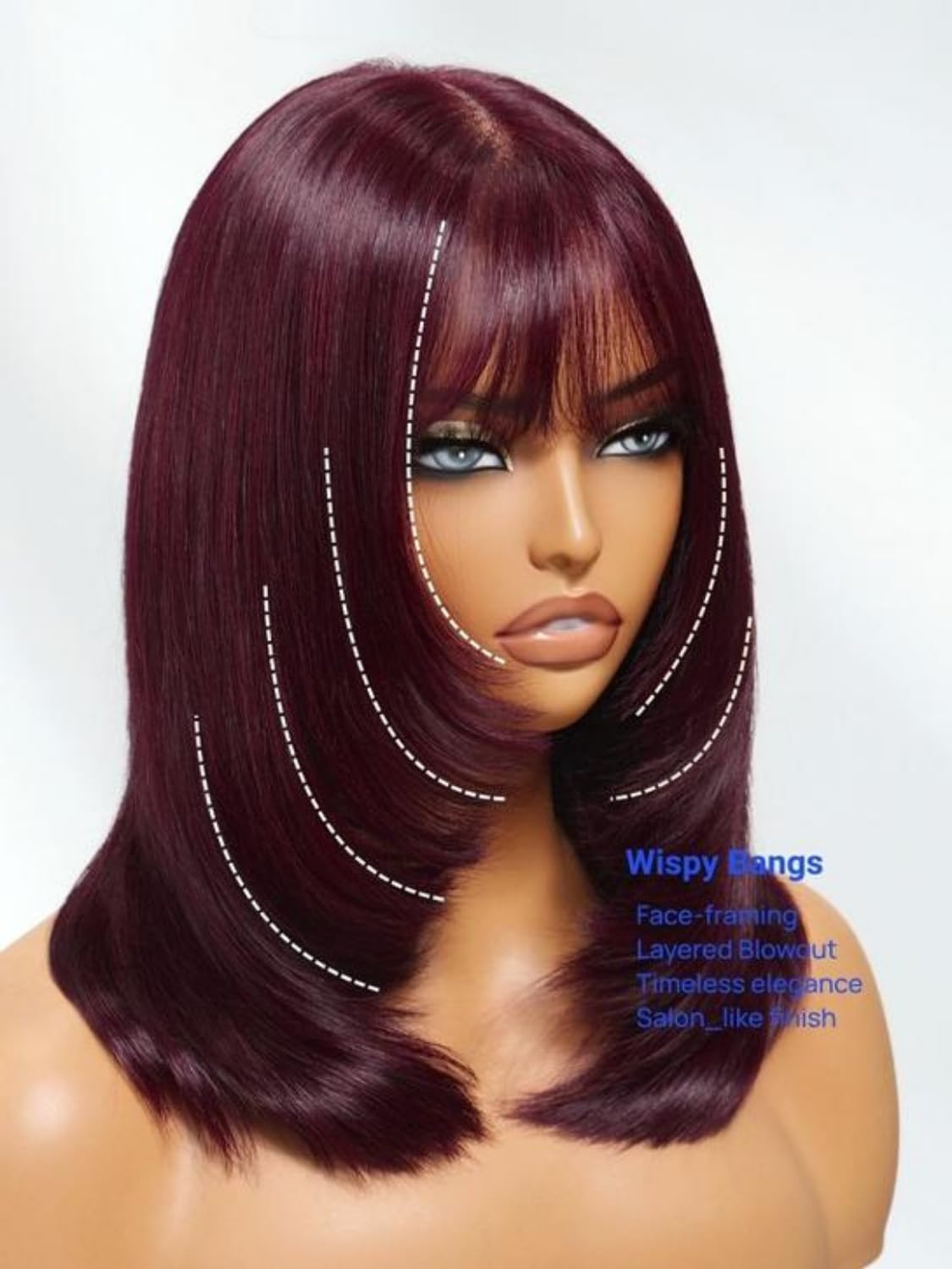 Nadula Purple Black Cherry Short Bob Layered Straight Drawstring Wig Human Hair with Wispy Bangs,Bye Bye Knots 7x5 Lace Closure Glueless Bob Wigs Pre Plucked Pre Cut Read to Wear Deep Wine Red 12inch