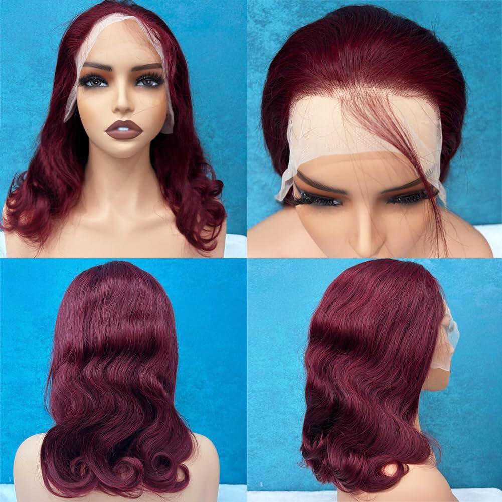 Douyin 99J Burgundy Bob Wig Human Hair 13x4 Frontal Lace Wig 16 Inch Body Wave HD Lace Front Wigs Human Hair Pre Plucked 180% Density Glueless Wine Red Bob Wigs for Women (99J Burgundy, 16 Inch)