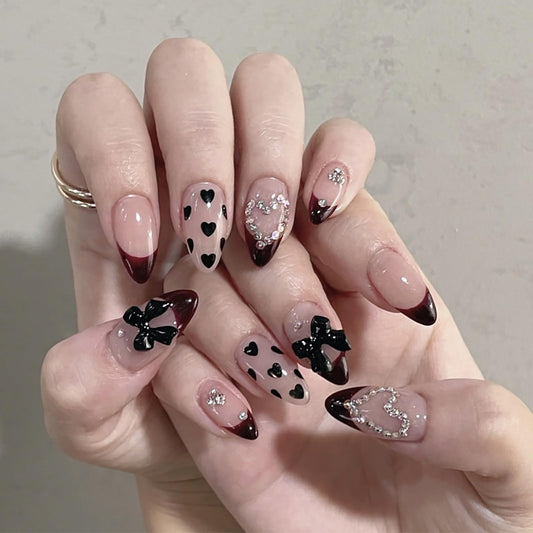 24Pcs Valentines Almond Press on Nails Short Medium Fake Nails French Tip False Nails with 3D Rhinestone Bow Design Handmade Acrylic Nails Press ons Artificial Stick on Nail for Women Cute Heart Nail