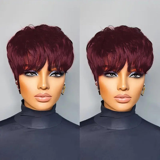 QiaQiaRing 10A Pixie Cut Wigs for Black Women Dark 99J Color Daily Use Color Short Layered Pixie Cut Human Hair Wigs With Bangs Brazilian Virgin Straight Human Hair(dark 99J)