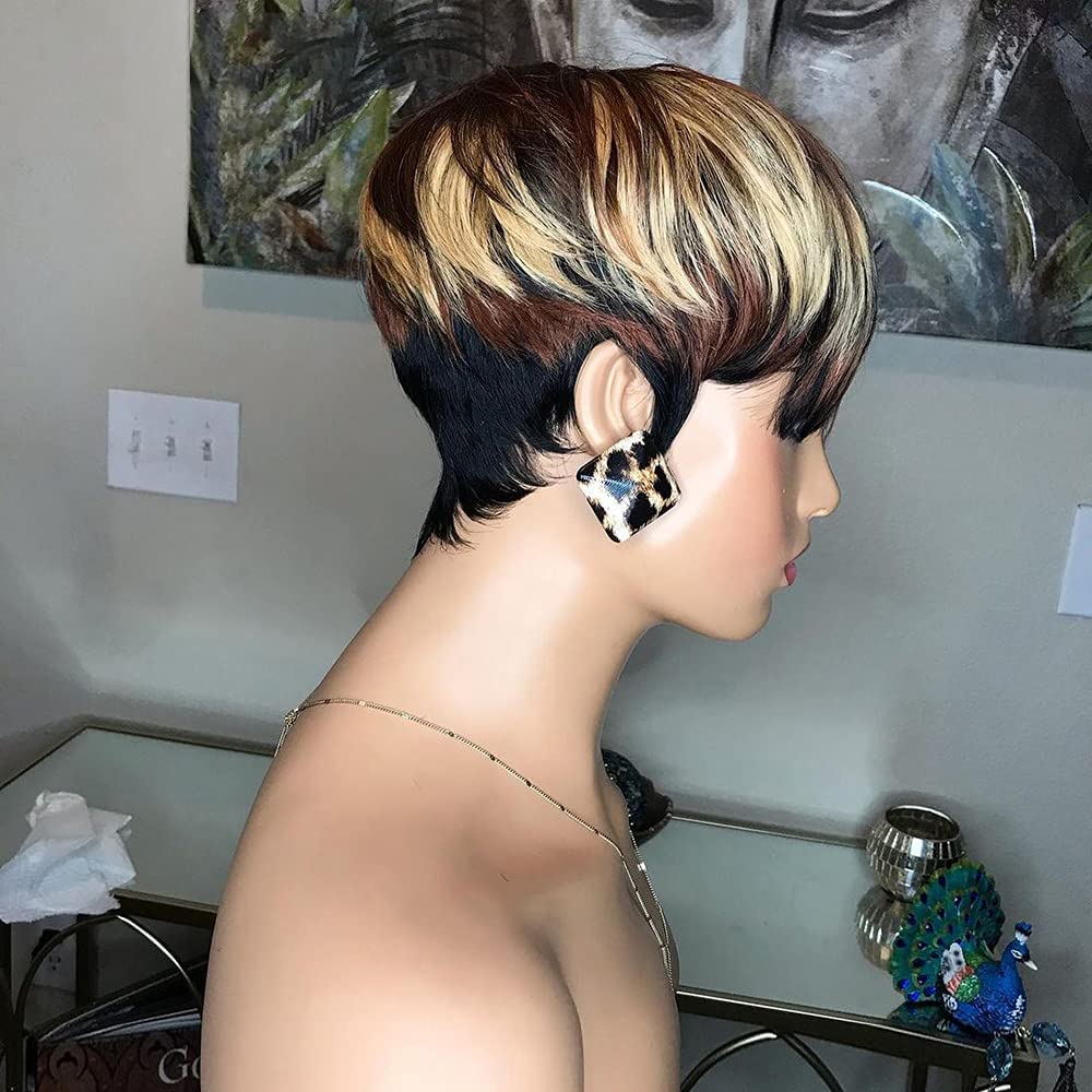 QiaQiaRing 1B/4/27 Pixie Cut Wigs for Black Women Brazilian Human Hair Short Wigs with Bangs Black Mixed Brown and Blonde 150% Density Glueless Wigs