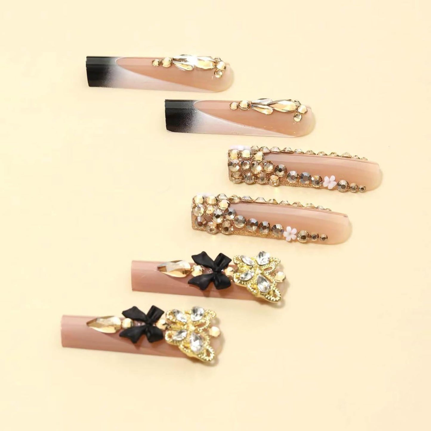RTKHFZE Extra Long Square Press on Nails Glitter Black and Nude Fake Nails with Bow Design,Valentine'S Day Press on Nails Hot Girls False Nails 24pcs