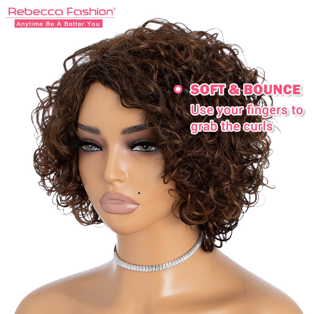 Rebecca Fashion Short Curly Human Hair Wigs for Black Women Cute Curly Bob Wig Side Part Non Lace Glueless Wigs Brazilian Remy Natural Looking Natural Looking Mixed Brown Color