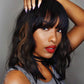 14 Inch Black Mixed Brown Highlights Wigs for Women Short Wavy Curly Wig With Bangs Natural Looking Synthetic Hair Wigs Heat Resistant Fiber Wig for Daily Party (Black Mixed Brown)