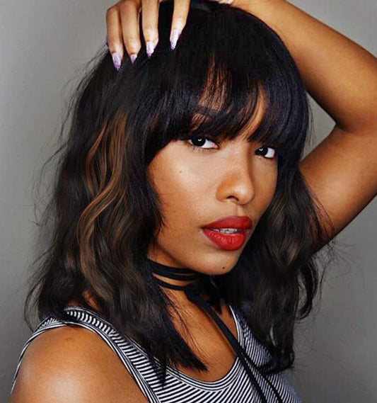 14 Inch Black Mixed Brown Highlights Wigs for Women Short Wavy Curly Wig With Bangs Natural Looking Synthetic Hair Wigs Heat Resistant Fiber Wig for Daily Party (Black Mixed Brown)