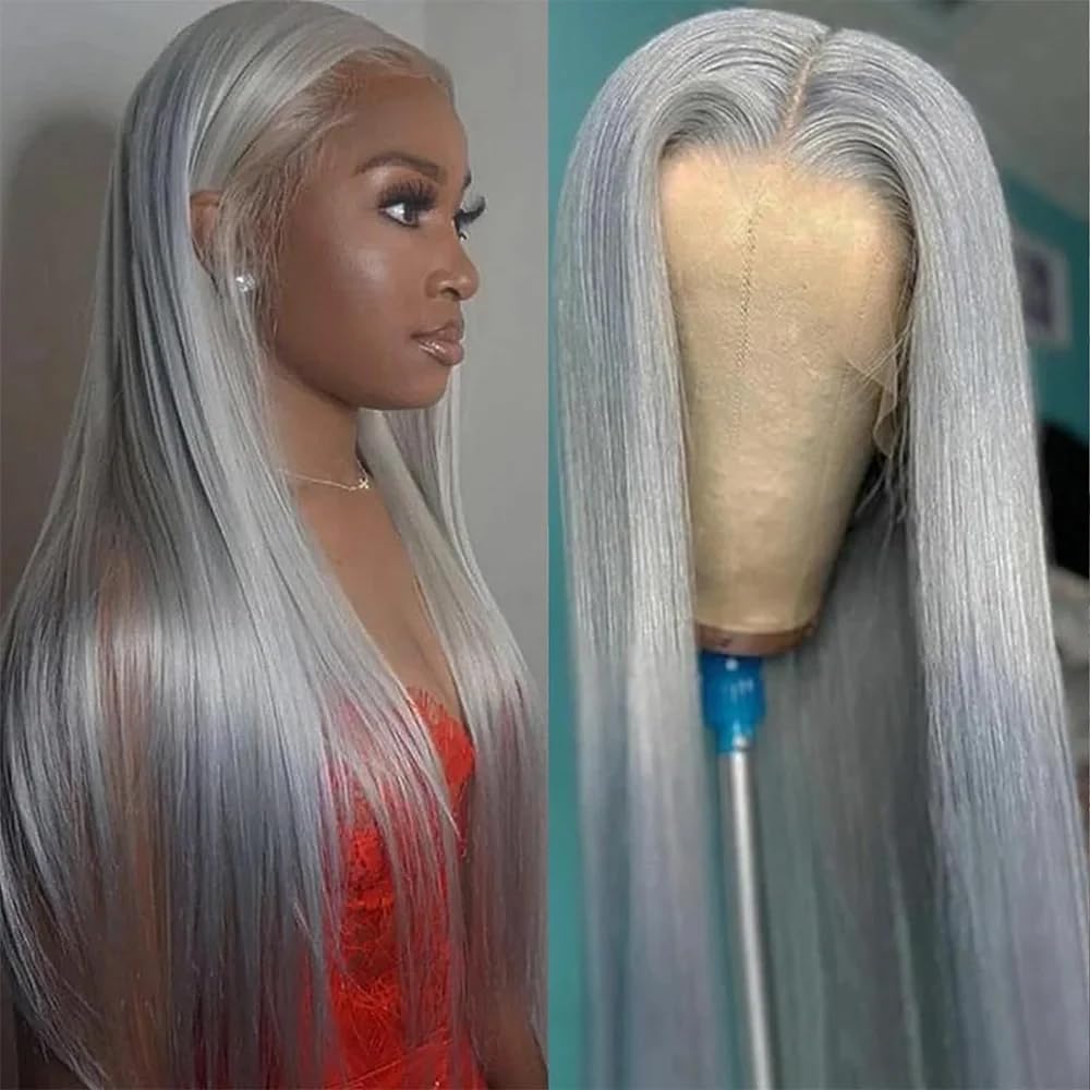SOSEXY Grey Lace Front Wigs Human Hair 13x4 HD Transparent Straight Lace Frontal Wigs 180% Density Human Hair Wigs for Women Pre Plucked with Baby Hair Gray Wig