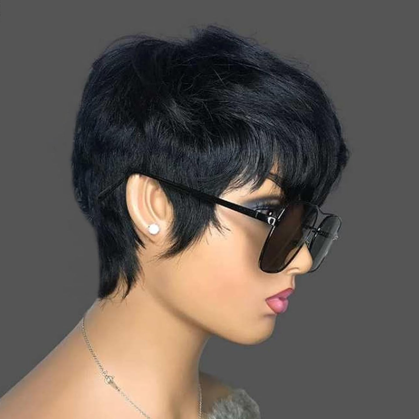 QiaQiaRing Chic Elegent Pixie Cut Wigs for Black Women Natural Black Daily Use Color Glueless Short Layered Pixie Wigs With Bangs Brazilian Virgin Straight Human Hair (Black)