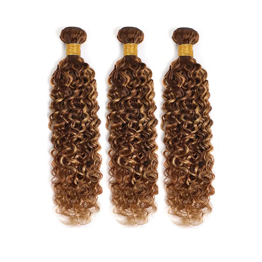Biliisyff Ombre Brown and Blonde Deep Curly Weave Bundles Human Hair P4/27 Brown Honey Blonde Kinky Curly Bundles Double Weft Wet and Wavy Bundles Silky and Soft for Black Women 20 22 24 Inch