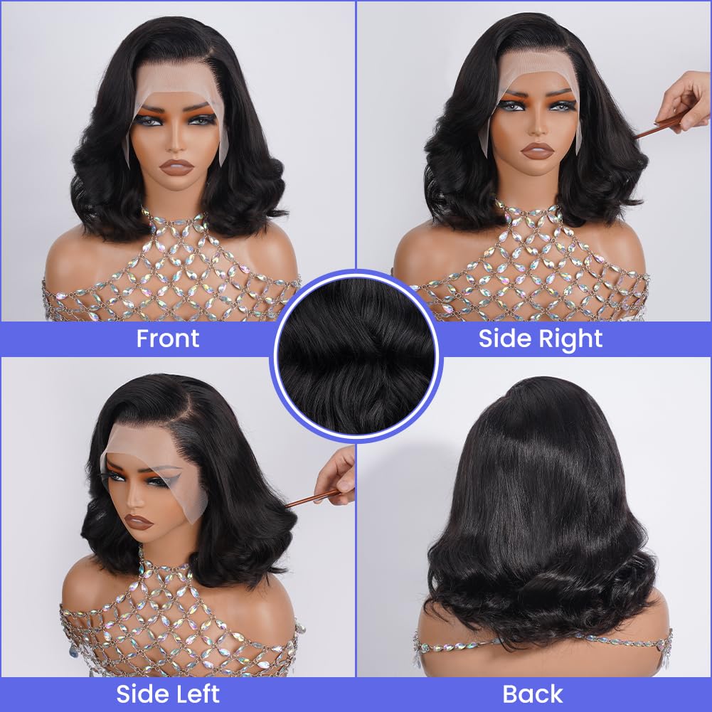 FASCARA Wig Human Hair 13x4 Lace Frontal Body Wave HD Transparent Lace Front Wigs Human Hair 180% Density Pre Plucked with baby hair Glueless Short Wigs for Women Natural Color 12 Inch