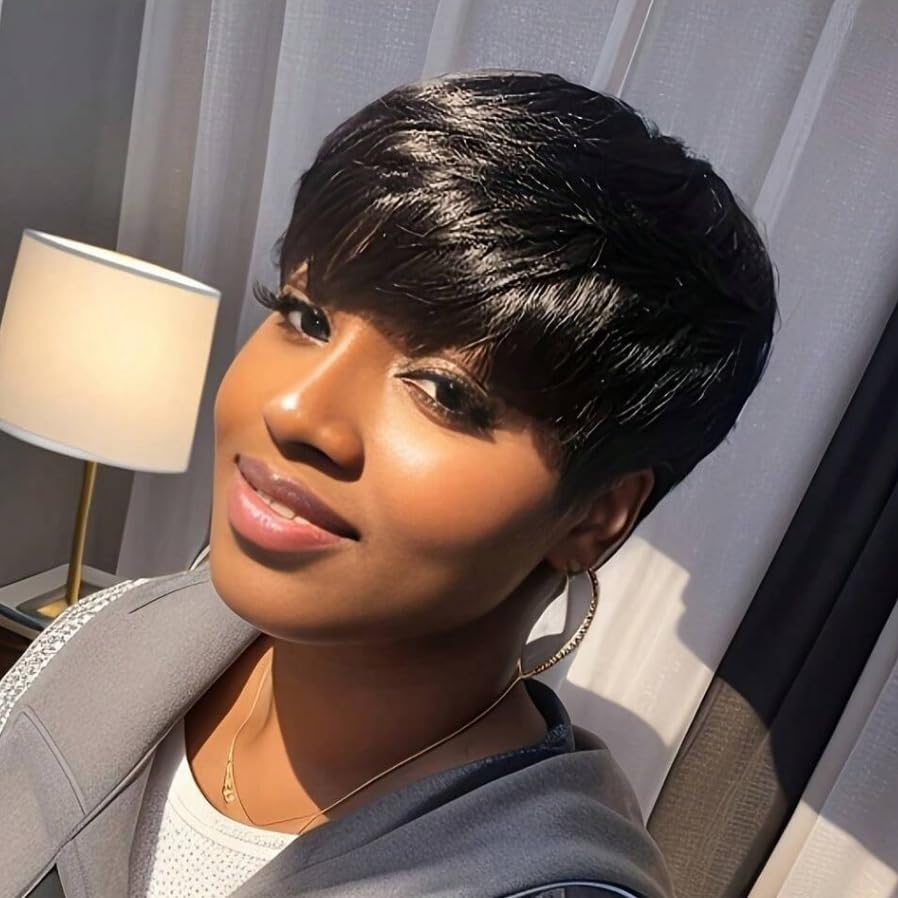 QiaQiaRing Pixie Cut Wig Human Hair For Black Women Chic Elegent Short Layered Pixie Cut Human Hair Wigs With Bangs Full Machine Made Brazilian Virgin Human Hair Nature Black Color
