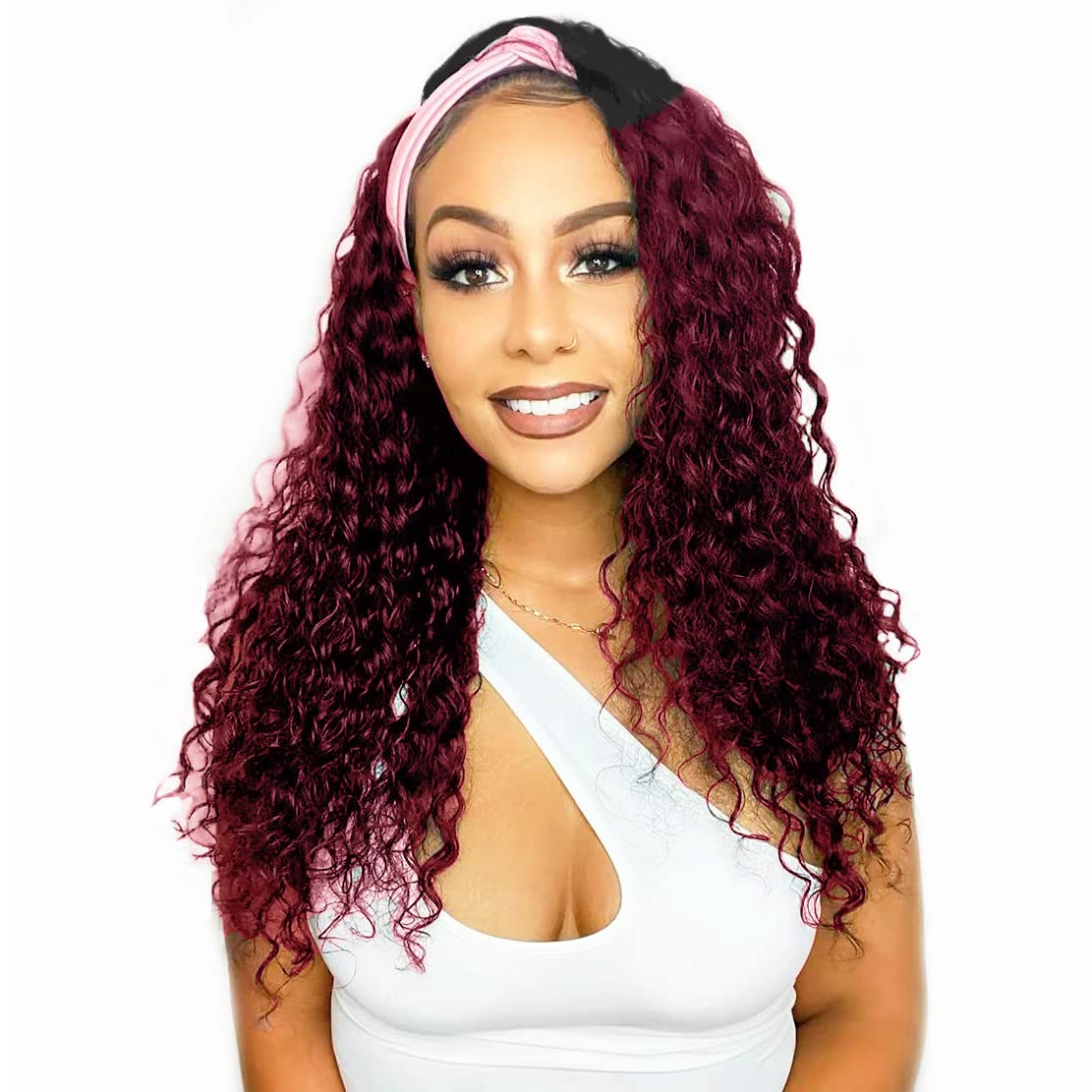 Celiarita Ombre Headband Wig Human Hair Deep Wave 16 Inch Dark Burgundy None Lace Front Wigs Glueless #1B/99J Deep Curly Wave Human Hair Headband Wig Attached Half Wigs for Black Women 150% Density…