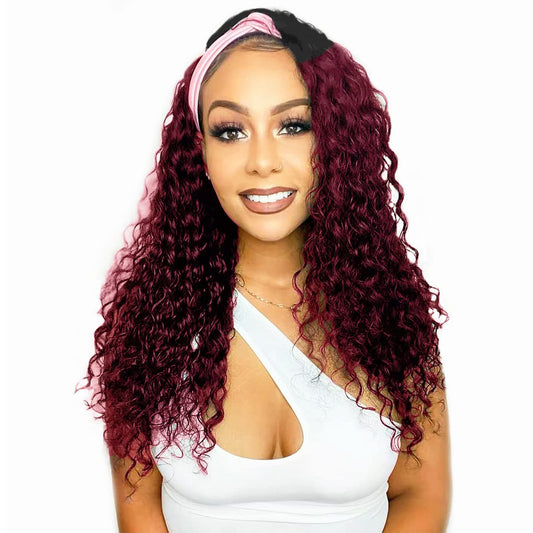 Celiarita Ombre Headband Wig Human Hair Deep Wave 16 Inch Dark Burgundy None Lace Front Wigs Glueless #1B/99J Deep Curly Wave Human Hair Headband Wig Attached Half Wigs for Black Women 150% Density…