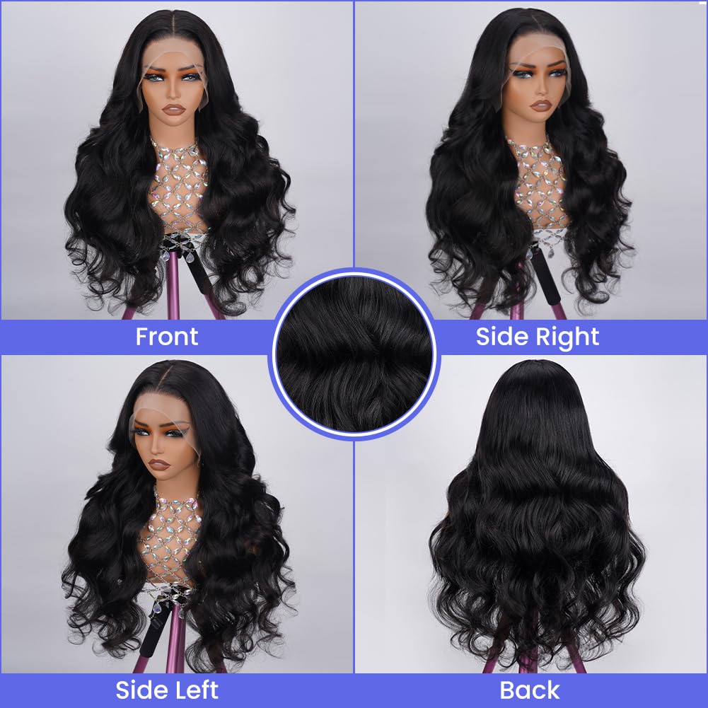 Lace Front Wigs Human Hair Body Wave 13x4 HD Transparent Lace Frontal Wigs For Women 180% Density 9A Glueless Frontal Wigs Human Hair Pre Plucked Brazilian With Baby Hair Natural Black Color 20 Inch