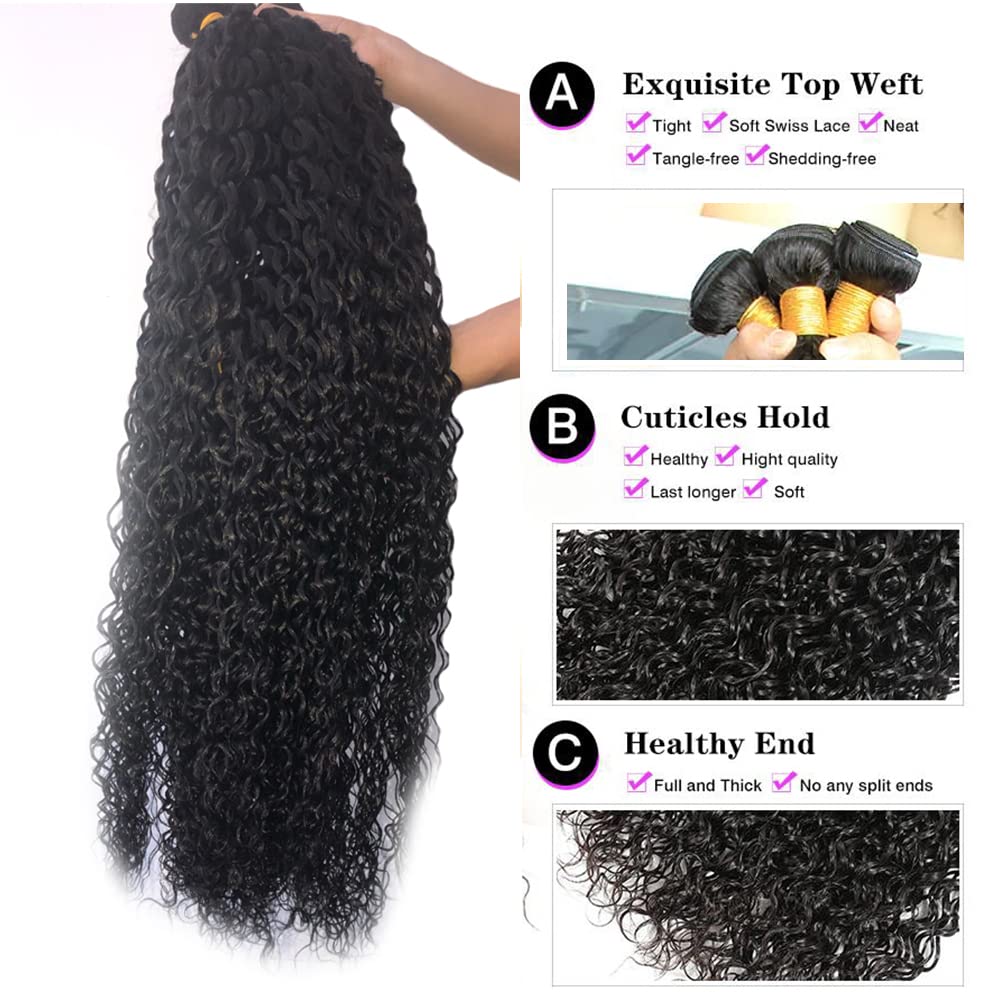 Borchan Water Wave 4 Bundles Human Hair with 4x4 Free Part Closure (24 26 28 30+22) Ocean Wave Wet and Wavy Bundles with Lace Closure Pre Plucked with Baby Hair Natural Color