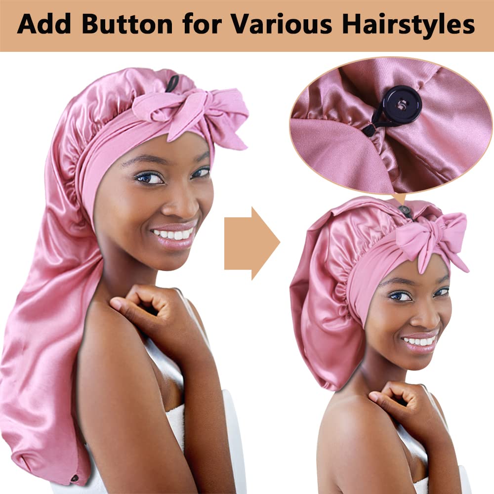 2pcs Long Satin Bonnets with Tie Band, Large Braid Bonnet Silky Hair Cap for Locs Women Sleeping, G