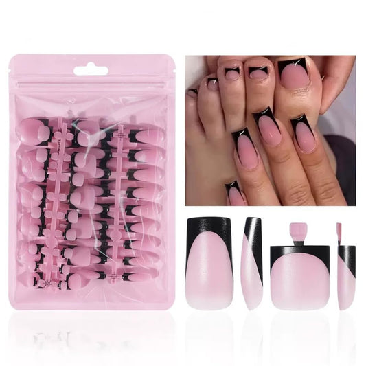 NHIXK 60Pcs Black French Tip Press on Nails & Press on Toenails Set, Square Press on Nails Medium Fake Nails Black French Press on Toenails Full Cover Stick on Press ons for Women