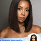 Nadula Balayage Ombre Brown Yaki Straight Bob Drawstring Wig Human Hair Pre Plucked,Pre Cut Glueless 7x5 HD Bye Bye Knots Ready to Wear Short Yaki Bob Wig with Chestnut Brown Highlight 14inch