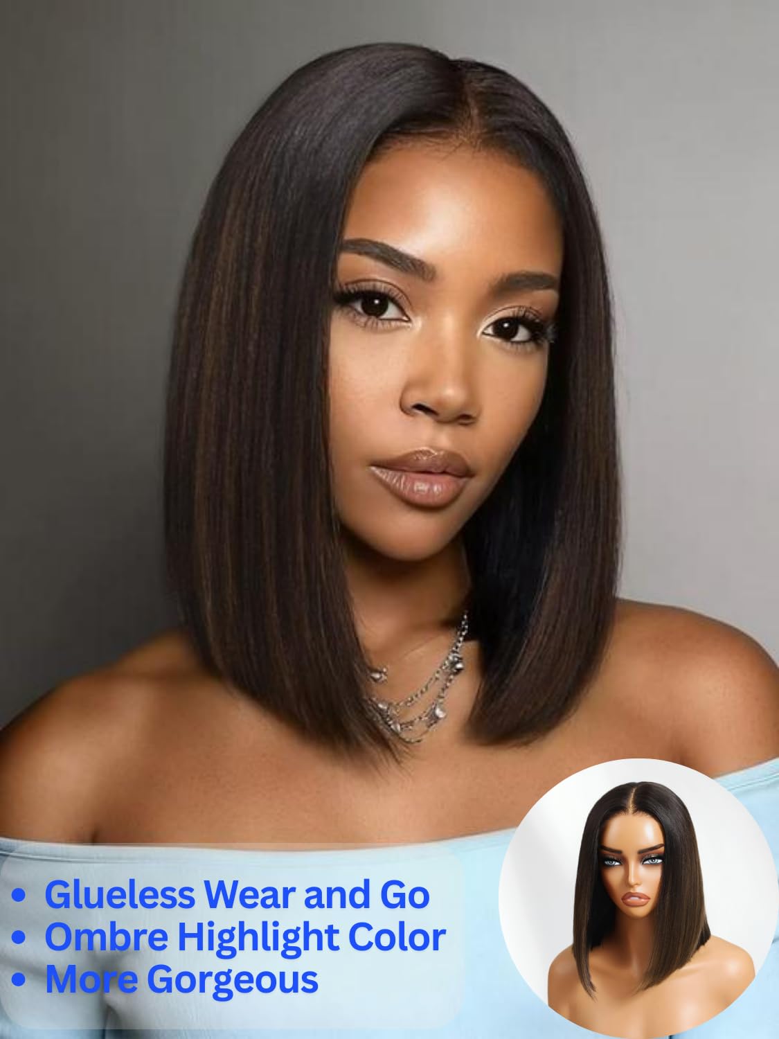 Nadula Balayage Ombre Brown Yaki Straight Bob Drawstring Wig Human Hair Pre Plucked,Pre Cut Glueless 7x5 HD Bye Bye Knots Ready to Wear Short Yaki Bob Wig with Chestnut Brown Highlight 14inch