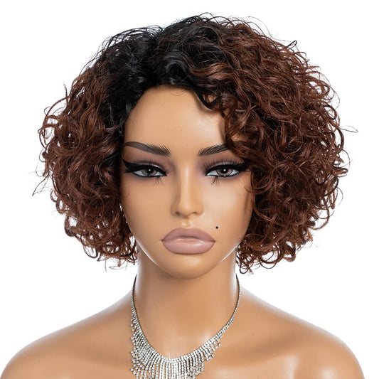 Rebecca Fashion Short Curly Human Hair Wigs for Black Women Cute Curly Bob Wig Side Part Brazilian Remy Non Lace Glueless Wigs Natural Looking Ombre Natural Color to Brown