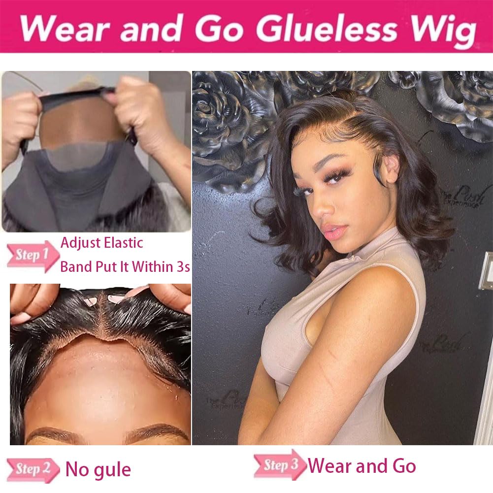 BLOCKICE Glueless Bob Wigs Human Hair Pre Plucked Body Wave Wear and Go Glueless Wig Lace Pre Cut 4x4 Lace Closure New Upgraded No Glue Wigs for Black Women Human Hair Natural Hairline 12 Inch