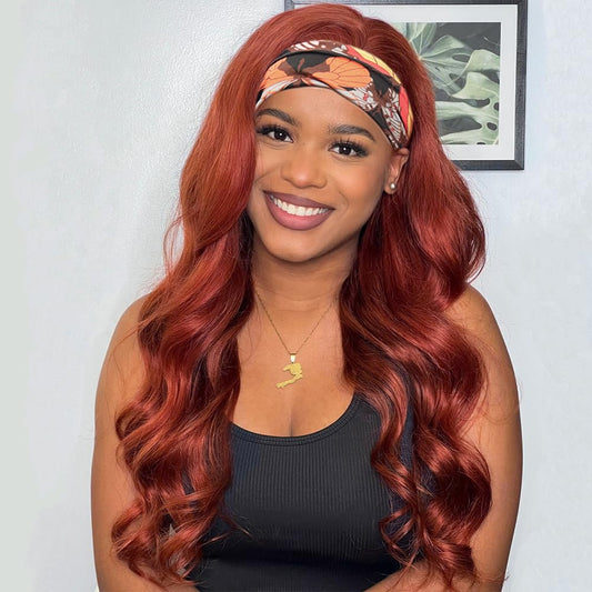 Colorful Queen Reddish Brown Headband Wig Auburn Body Wave Headband Wigs for Black Women Copper Red Colored Long Wavy Wig with Headband 26 Inch Glueless Half Wig