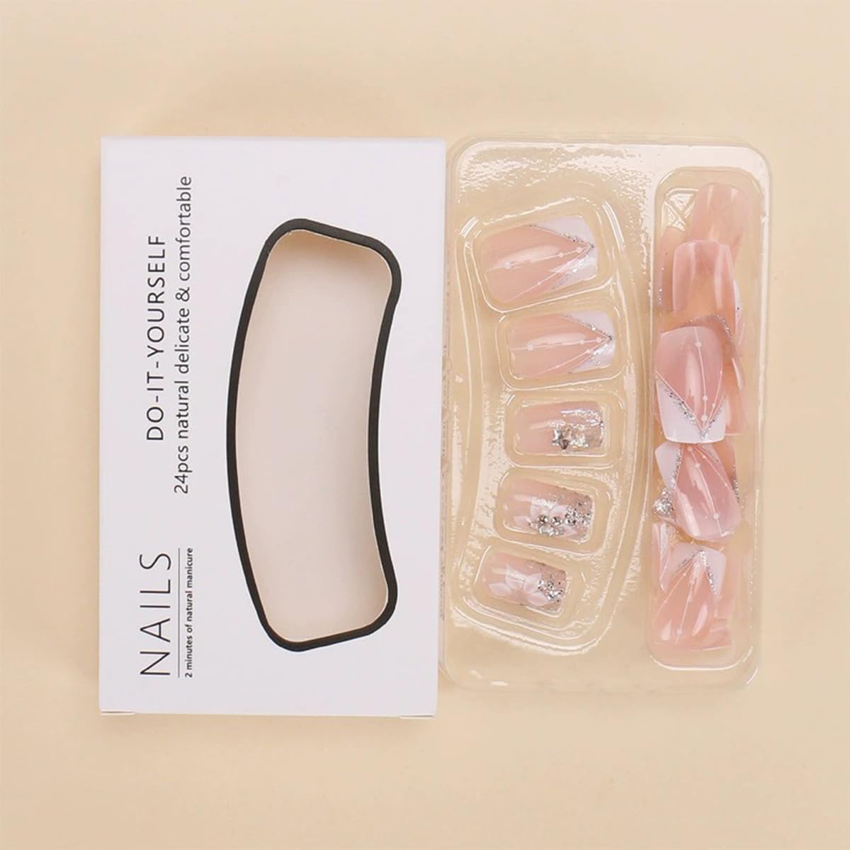 French Press on Nails Medium Square Fake Nails White French Tip Nails Press on False Nails with Flower Glitter Designs Nude Pink Acrylic Fake Nails Kits Spring Glue on Stick on Nails for Women 24PCS