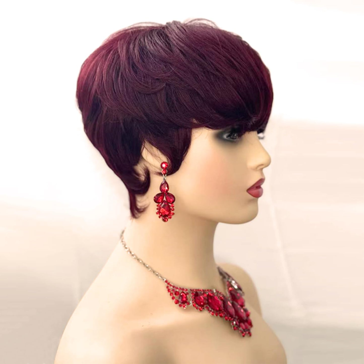 QiaQiaRing 10A Pixie Cut Wigs for Black Women Dark 99J Color Daily Use Color Short Layered Pixie Cut Human Hair Wigs With Bangs Brazilian Virgin Straight Human Hair(dark 99J)