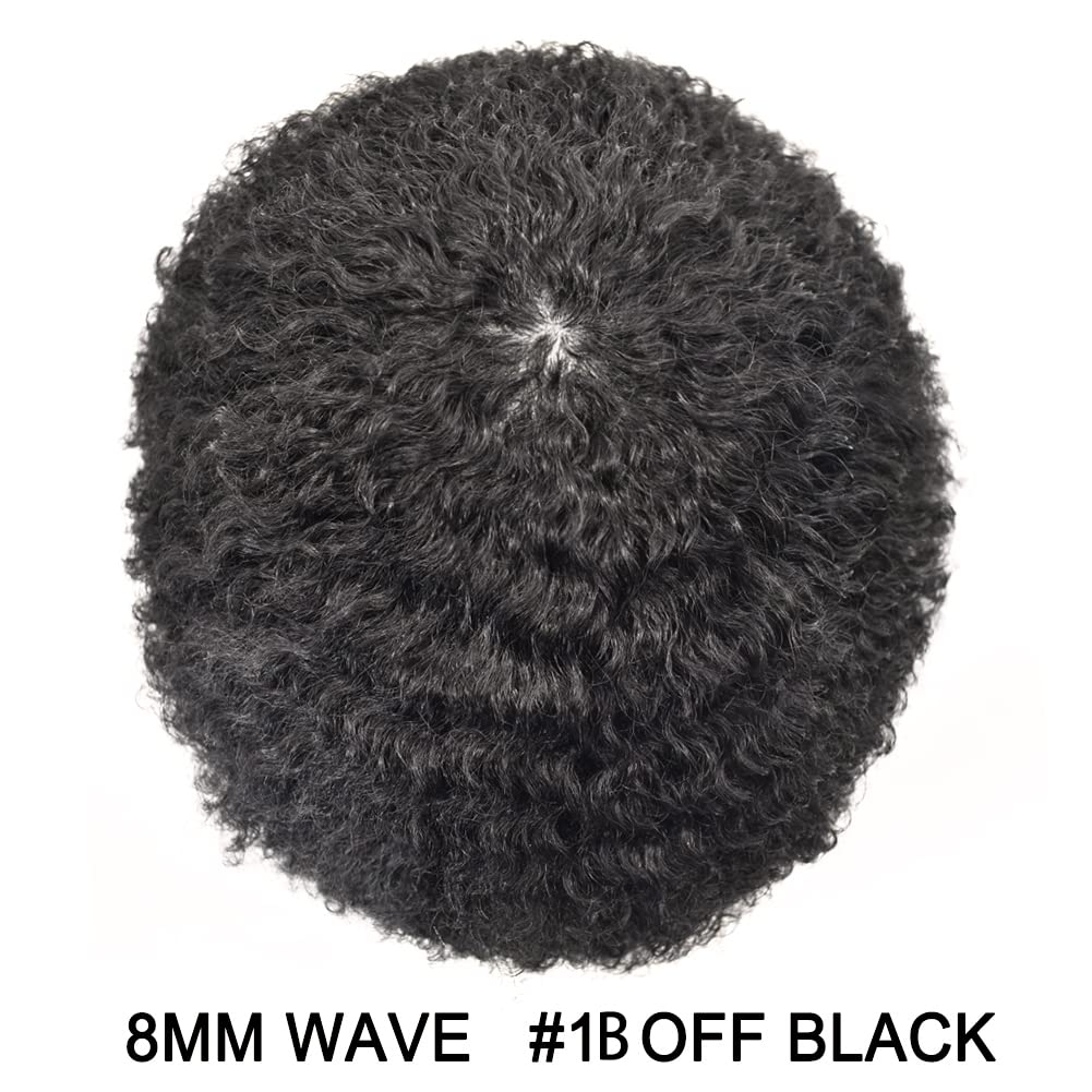 Man Weave Hair Unit for Black Men Curly Afro Brazilian Hair Replacement System Wig for American African Black Men Full Poly Skin All PU Injected Wave Hairpiece (1B# Off Black, 8MM Afro Wave)