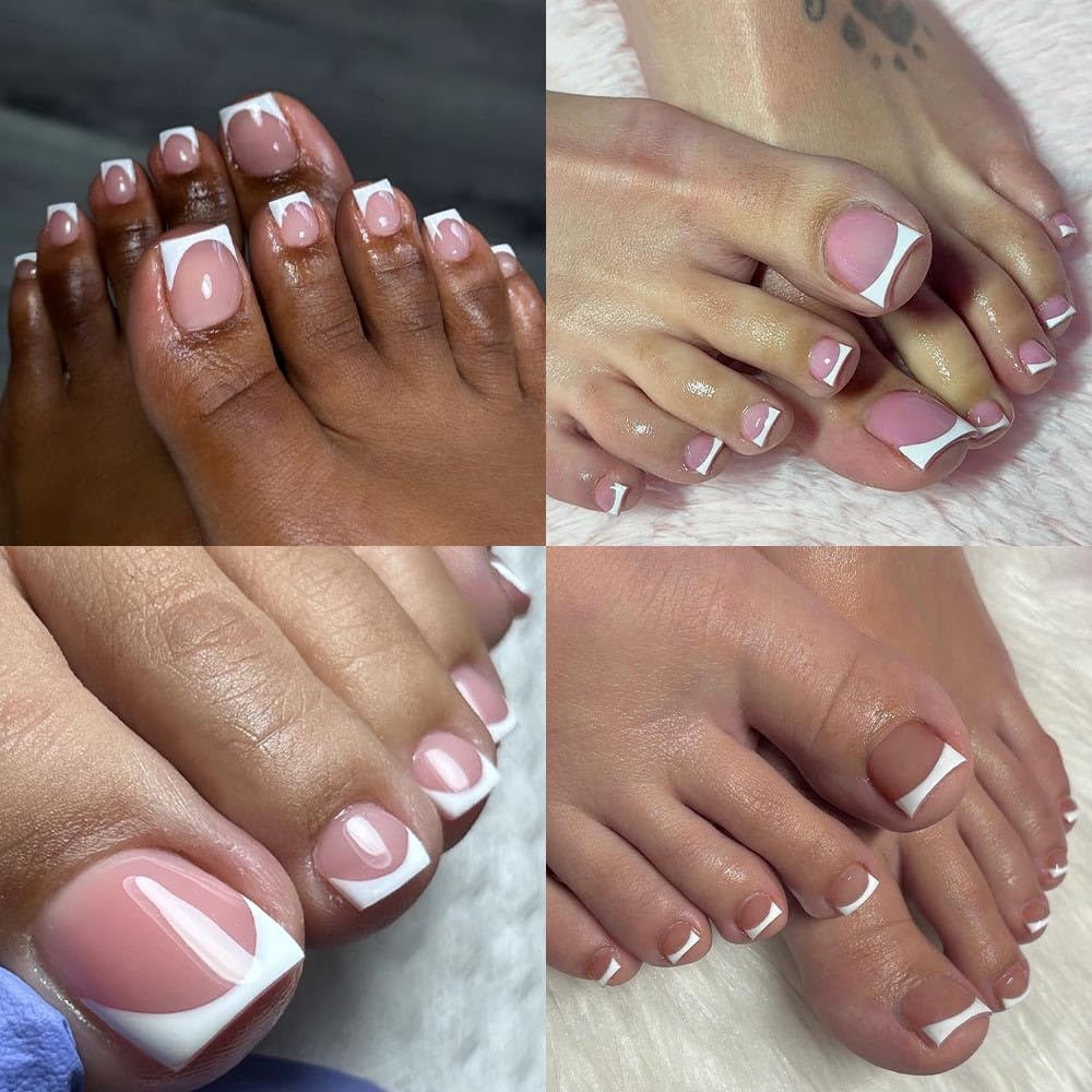 150Pcs White French Tip Press On Toenails Square Medium Fake Toenails Matte Pink Press on Toe Nails for Woman Summer Nail Kits -15 Sizes