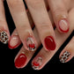 Short Press on Nails Oval Fake Nails with Cherry Leopard Print Design Glossy Red Acrylic Gel False Nails Kits Red French Tip Nails Spring Summer Reusable Artificial Stick on Nails for Women 24PCS