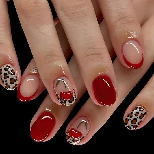 Short Press on Nails Oval Fake Nails with Cherry Leopard Print Design Glossy Red Acrylic Gel False Nails Kits Red French Tip Nails Spring Summer Reusable Artificial Stick on Nails for Women 24PCS