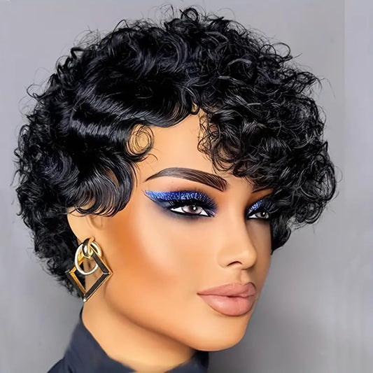 PurpleSexy Chic Elegent Short Curly Pixie Cut Human Hair Wig With Bangs Layered Pixie Wigs for Black Women Brazilian Virgin Curly Wave Human Hair Glueless Full Machine Made Wig