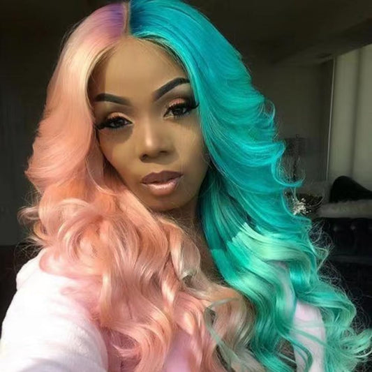 SISIFIRE Synthetic Wavy Wig Ombre Half Blue Small Lace Front Wig Heat Resistant Fiber Wigs for Cosplay Halloween Christmas Wigs
