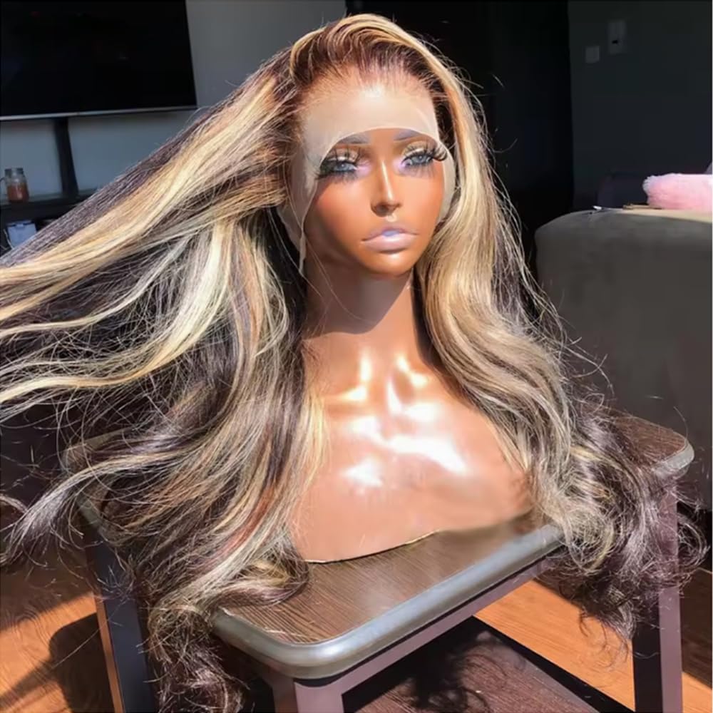 SISIFIRE 26 Inch Highlight Platinum Blonde Body Wave Lace Front Wigs for Women 13*4 Inch Heat Resistant Fiber Loose Curly Wavy Lace Wig with Baby Hair Synthetic Glueless Lace Wig for Daily Party Use