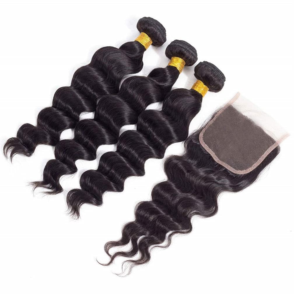 Loose Deep Wave Bundles 26 28 30 with 22 Closure Pre Plucked with Baby Hair Best Brazilian Human Hair Bundles with Closure Loose Deep Unprocessed Virgin Human Hair Bundles with Closure Free Part
